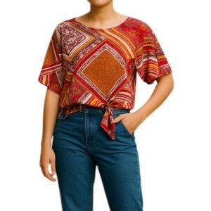 Laura NWT Colorful Patchwork Print Top Tied Waist Flowy Boho 70s Vibe Size 8